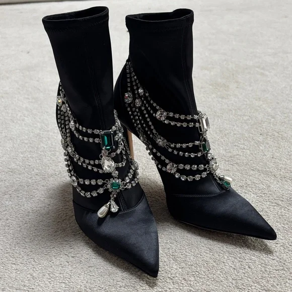 Jimmy Choo Lyja 100 Black Stretch Satin Bootie w/ Crystal necklace detail - Picture 3 of 4